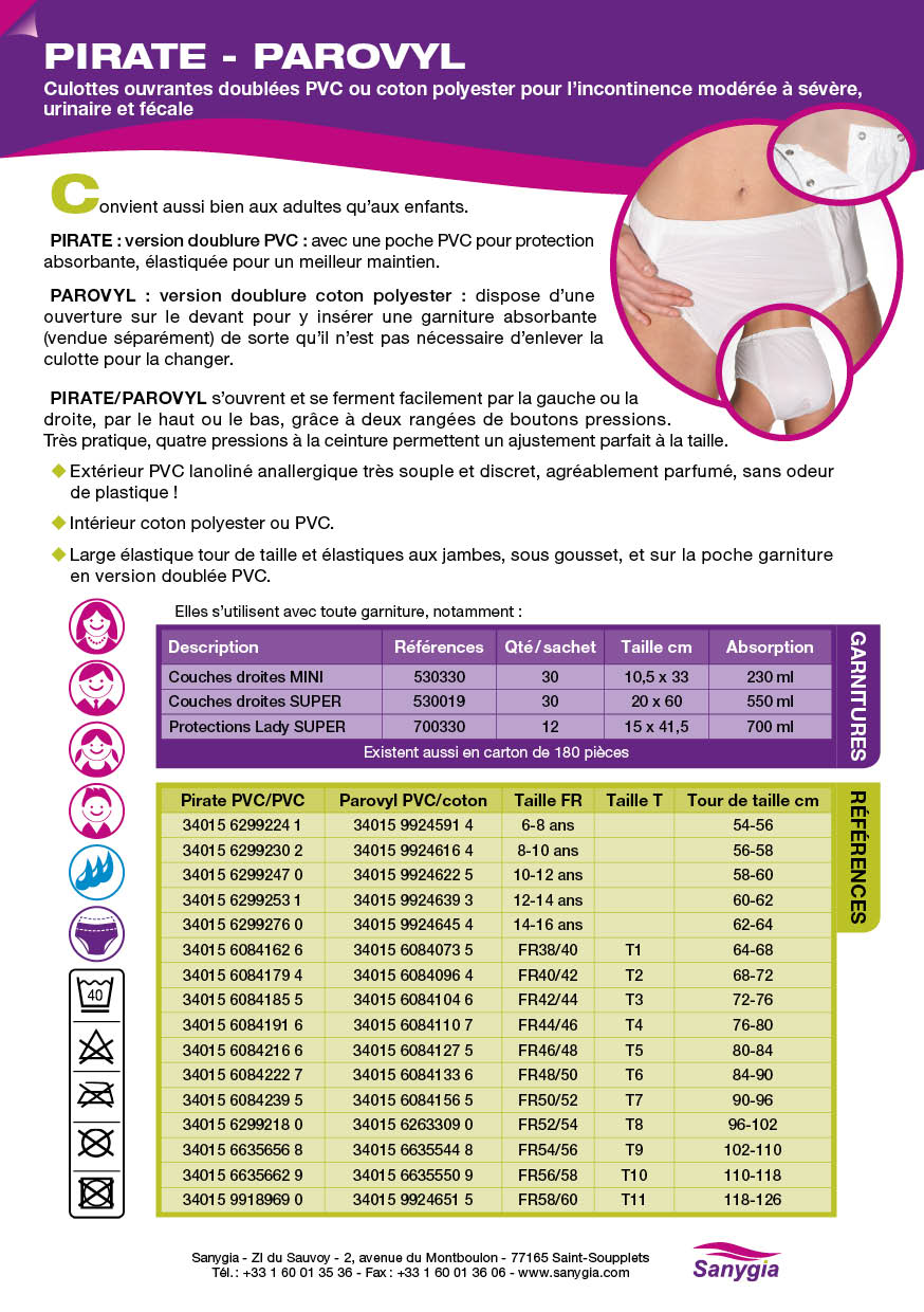 Fiche culotte incontinence ouvrante pirate parovyl: Culottes ouvrantes doublées PVC ou coton polyester pour l’incontinence modérée à sévère, urinaire et fécale. Convient aussi bien aux adultes qu’aux enfants. PIRATE : version doublure PVC : avec une poche PVC pour protection absorbante, élastiquée pour un meilleur maintien. PAROVYL : version doublure coton polyester : dispose d’une ouverture sur le devant pour y insérer une garniture absorbante (vendue séparément) de sorte qu’il n’est pas nécessaire d’enlever la culotte pour la changer. PIRATE/PAROVYL s’ouvrent et se ferment facilement par la gauche ou la droite, par le haut ou le bas, grâce à deux rangées de boutons pressions. Très pratique, quatre pressions à la ceinture permettent un ajustement parfait à la taille. Extérieur PVC lanoliné anallergique très souple et discret, agréablement parfumé, sans odeur de plastique ! Intérieur coton polyester ou PVC. Large élastique tour de taille et élastiques aux jambes, sous gousset, et sur la poche garniture en version doublée PVC.